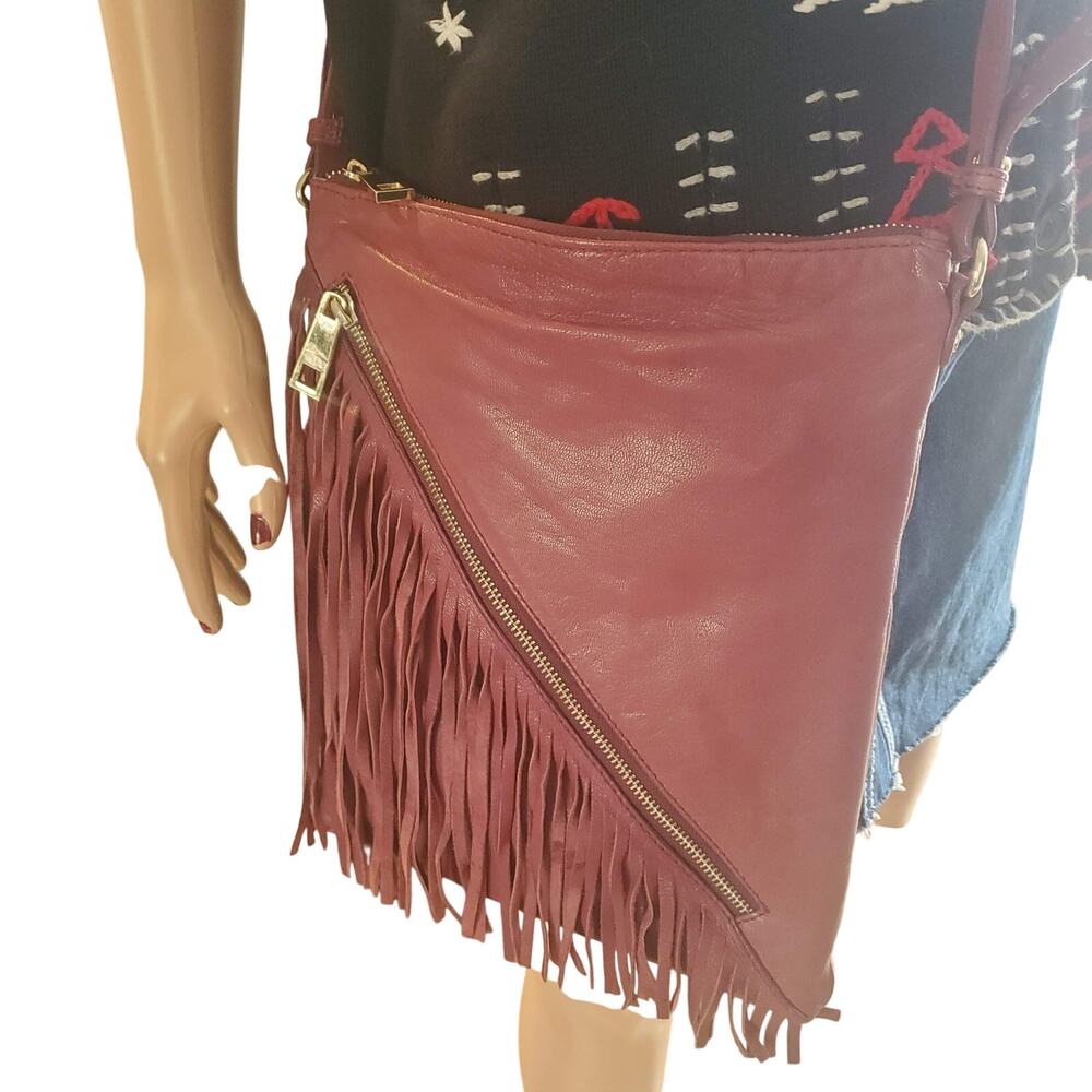 Sandra Roberts Crossbody Mauve Purple Fringe Boho Western Leather Bag Trend - Picture 2 of 11